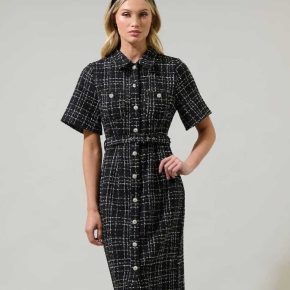 Sugarlips Black and White Tweed Midi Dress